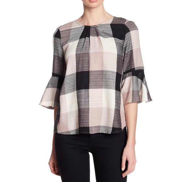 Ro & De Plaid Bell Sleeve Bow Back Blouse sz L